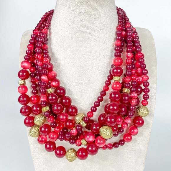 Chico's Merlot Multi-Strand Red Cranberry Pink Beaded Necklace - Picture 2 of 5
